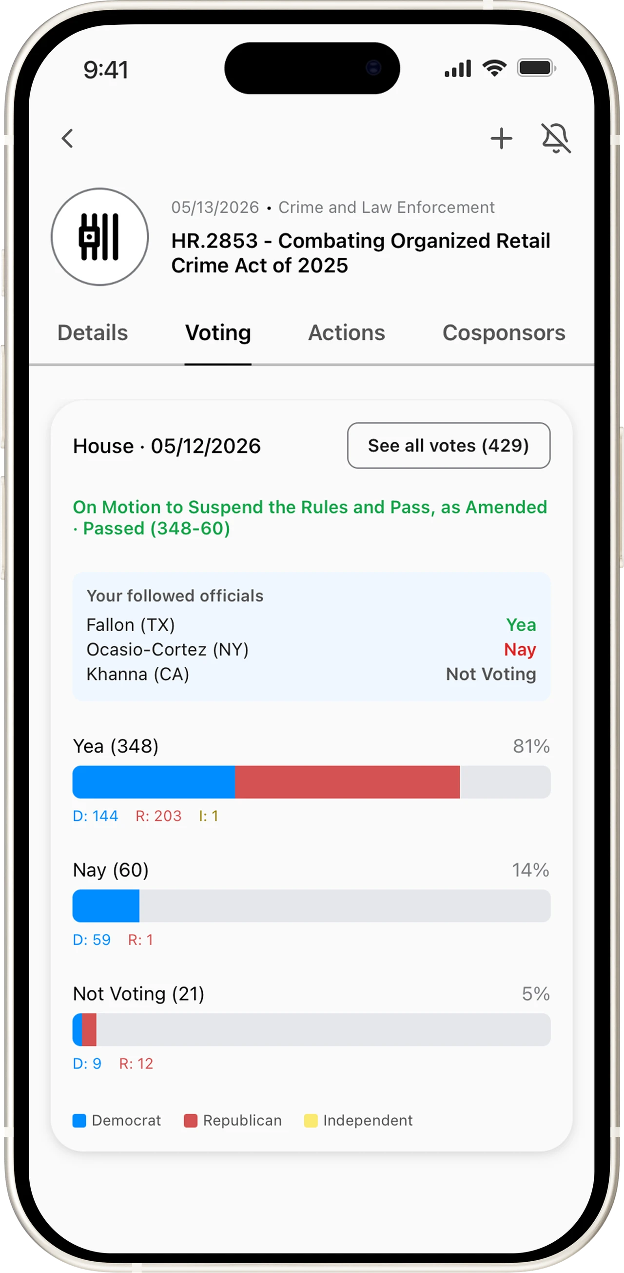 Unum app screen: Voting records
