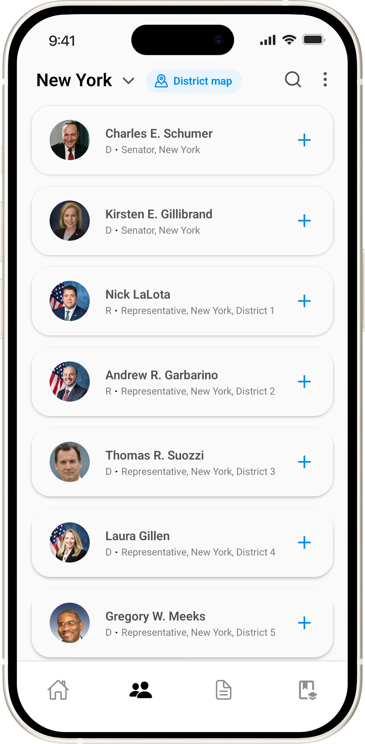 Unum app screen: Every member of Congress